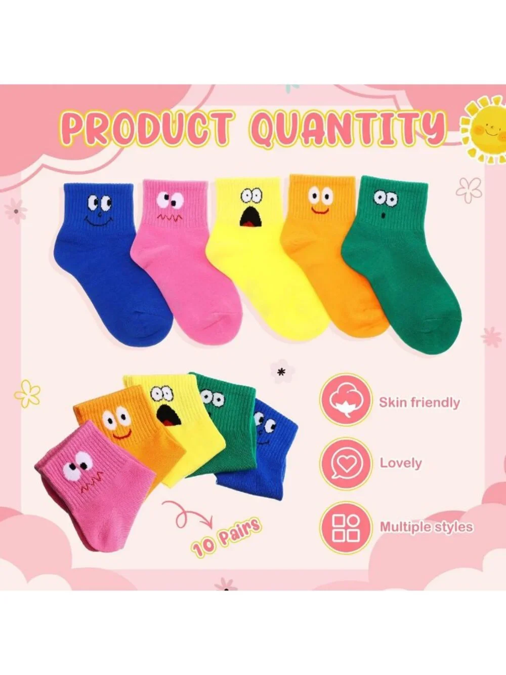10 Pairs Funny Cartoon Face Socks for Kids - Silly Cotton Novelty Socks for